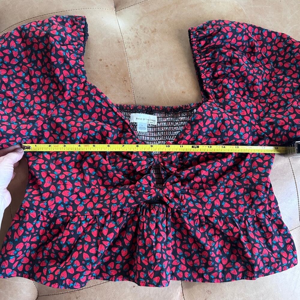 Strawberry Print Bow Front Puff Sleeve Peplum Crop Top Romantic Cottagecore XL - Picture 6 of 10